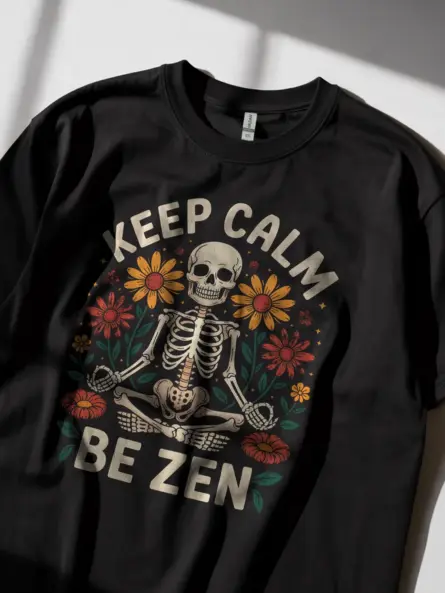 Lifestyle Shot of Zen Skeleton Shirt in Black – zen skeleton t-shirt