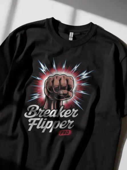 Black Breaker Flipper Shirt Lifestyle – dramatic electrician graphic tee for maintenance pros