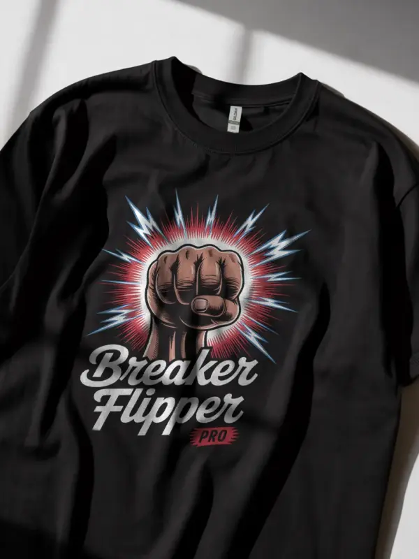Black Breaker Flipper Shirt Lifestyle – dramatic electrician graphic tee for maintenance pros