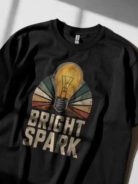 Black Bright Spark Shirt Lifestyle – retro electrical engineer tee with glowing bulb