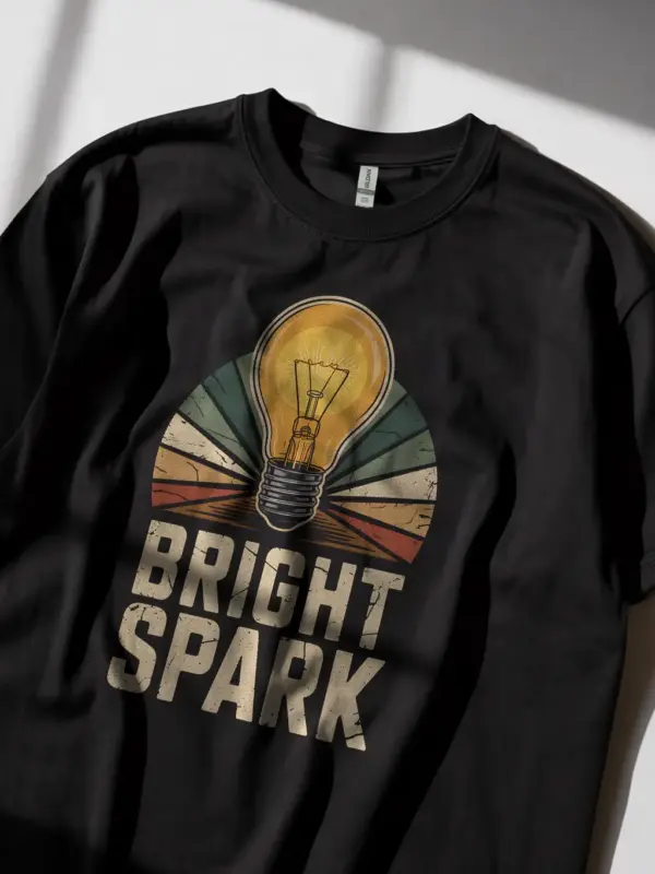 Black Bright Spark Shirt Lifestyle – retro electrical engineer tee with glowing bulb