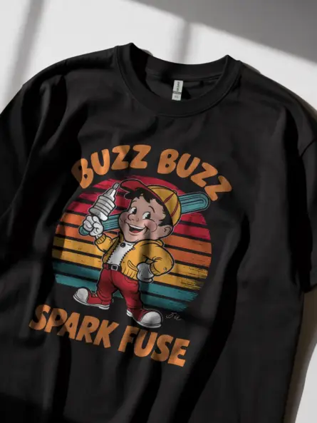 Black Buzz Buzz Spark Fuse Shirt Lifestyle – funny electrician tee with cartoon design