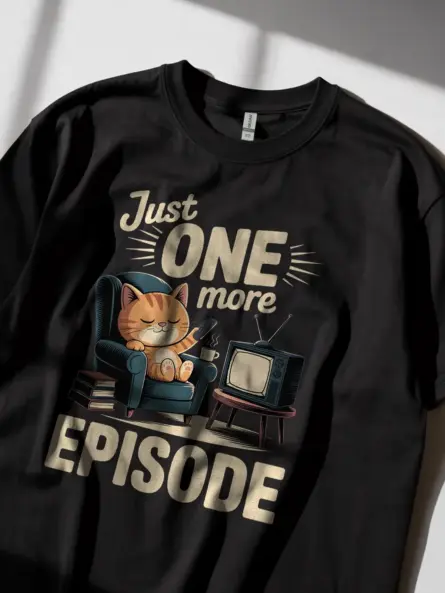 Cozy Cartoon Cat Shirt for Binge Watchers – Just One More Episode Tee3 - Image 2