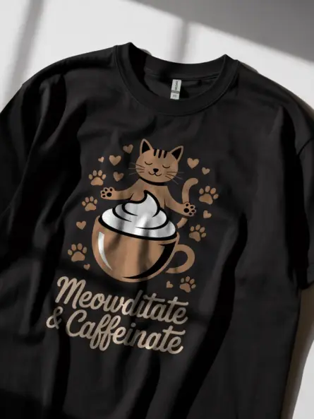 Meowditate & Caffeinate Cat Coffee Shirt – Cozy Humor Tee - Image 2