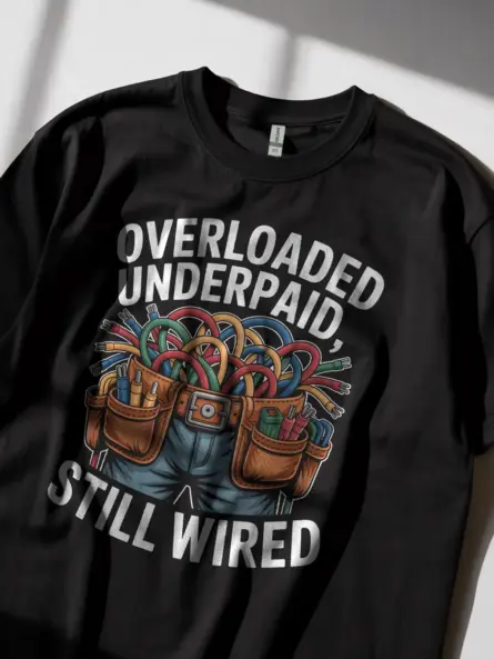 Funny Electrician T-Shirt Overloaded Underpaid Still Wired - Image 3