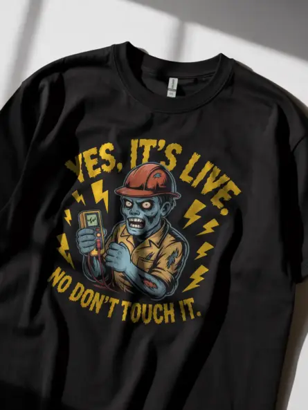 Funny Electrician Warning T-Shirt - YES, IT'S LIVE No Don’t Touch It - Image 2
