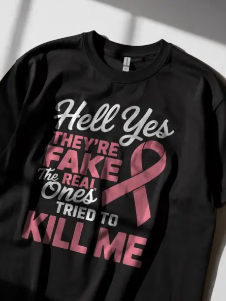 Black Shirt Lifestyle – Hell Yes They’re Fake – funny mastectomy shirt