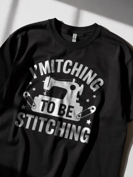 Lifestyle Shot Black shirt worn by sewist at machine – funny sewing machine t-shirt