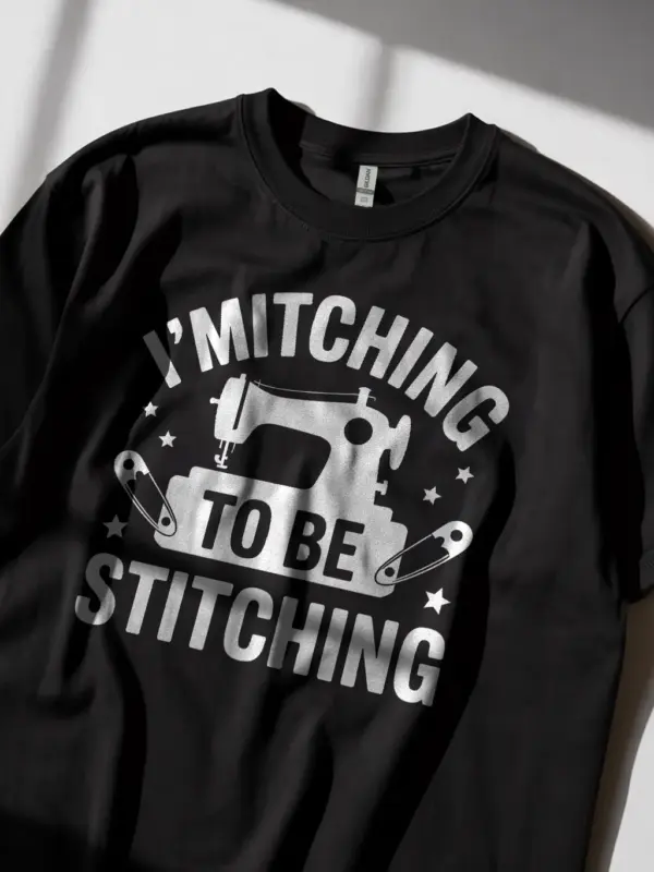 Lifestyle Shot Black shirt worn by sewist at machine – funny sewing machine t-shirt