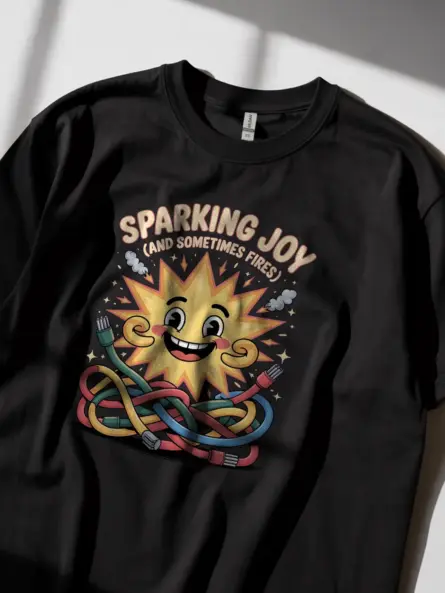 Funny Tech Dad T-Shirt – Sparking Joy (And Sometimes Fires) Cartoon Electrical Humor Tee - Image 3