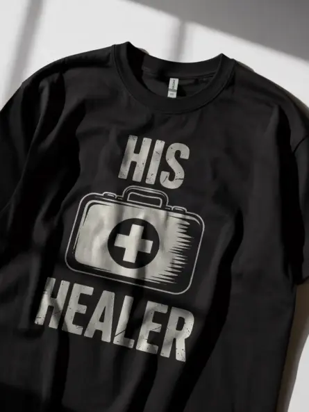 His Healer Gamer T-Shirt | Matching Co-Op Gaming Couple Tee with Vintage Medical Kit Design - Image 5