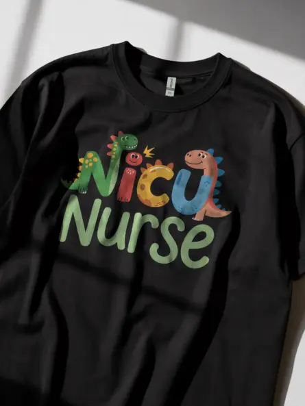 Black NICU nurse dinosaur t-shirt front view – cute NICU nurse dinosaur shirt