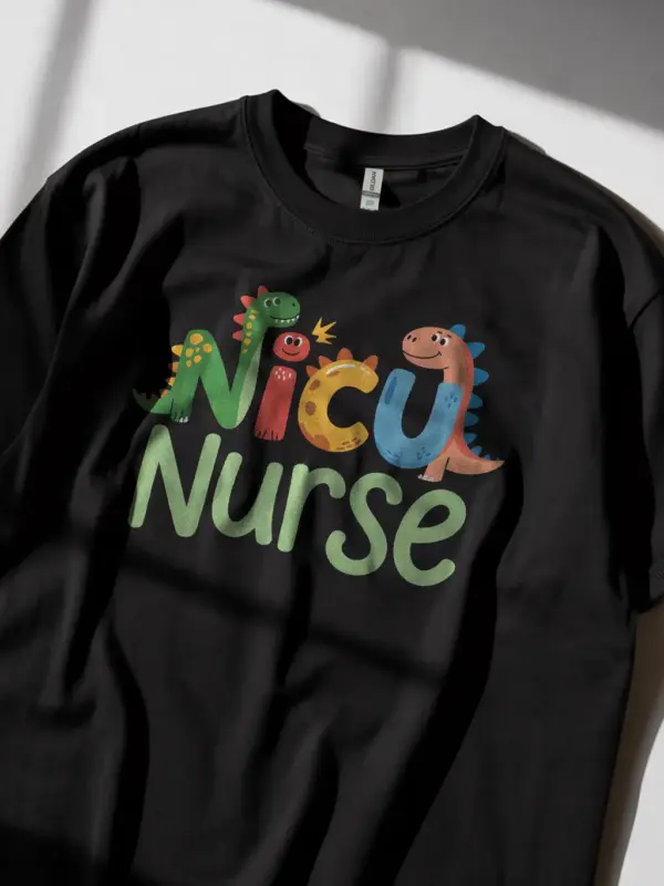 Black NICU nurse dinosaur t-shirt front view – cute NICU nurse dinosaur shirt