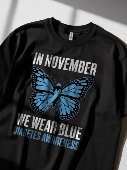 In November We Wear Blue Diabetes Shirt – Butterfly Awareness Tee - Image 2