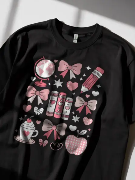 Kawaii T-Shirt – Irresistibly Cute Pink Bow & Book Grid Top - Image 2