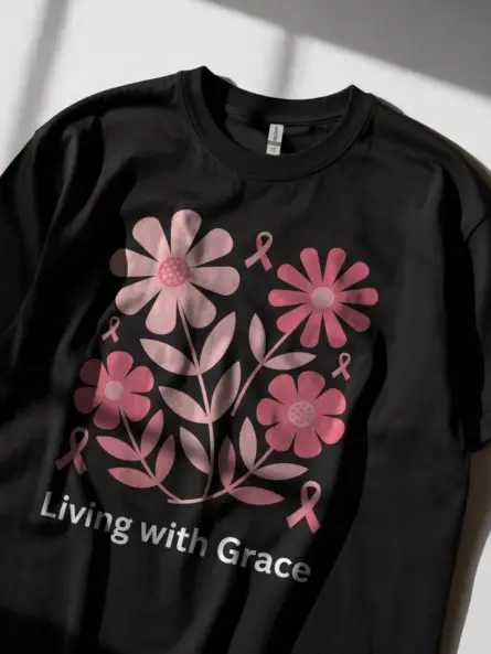 Elegant Living with Grace Breast Cancer Shirt – Floral Pink Ribbon Tee - Image 3