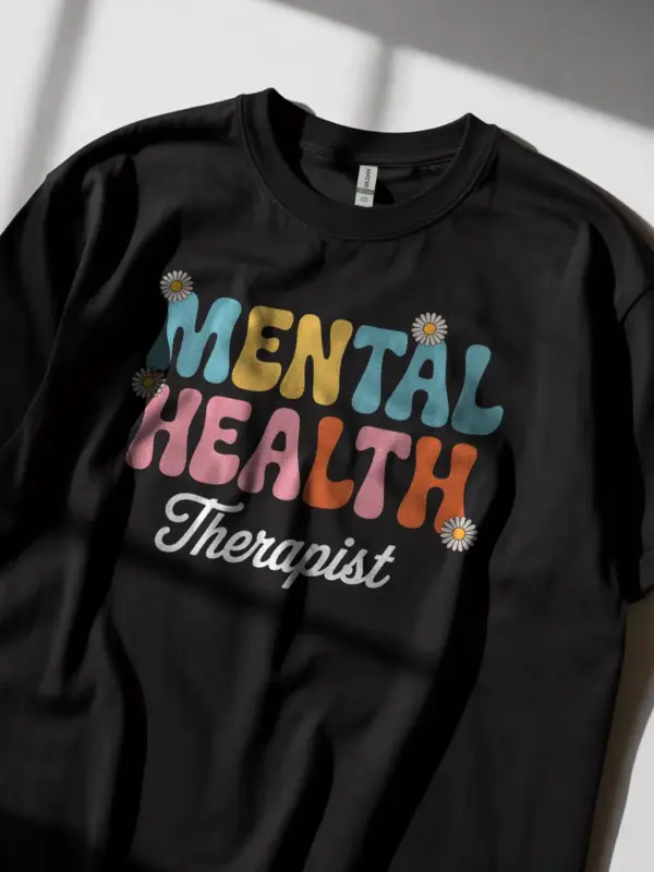 Black Shirt Lifestyle Photo – retro mental health therapist t-shirt