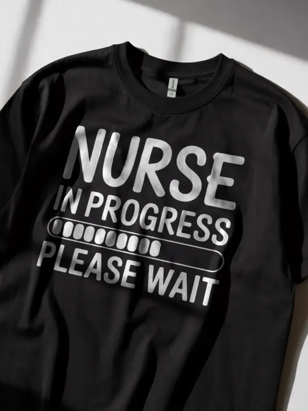 Back view of black nurse in progress t-shirt – funny student shirt