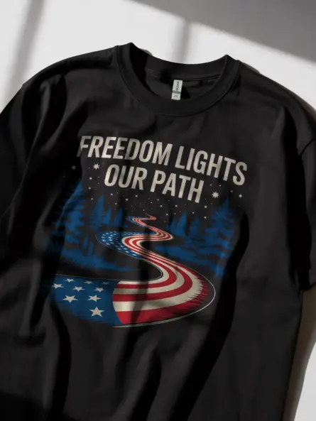 Powerful Patriotic American Flag Forest T-Shirt – Freedom Lights Our Path - Image 2