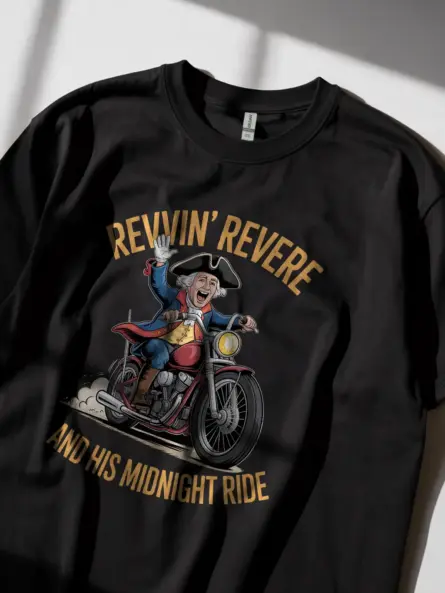 Bold Patriotic Motorcycle T-Shirt – Funny Revere Ride Graphic - Image 2