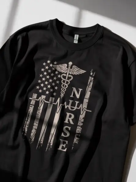 Patriotic Nurse Flag T-Shirt with Caduceus and Heartbeat Design - Image 8
