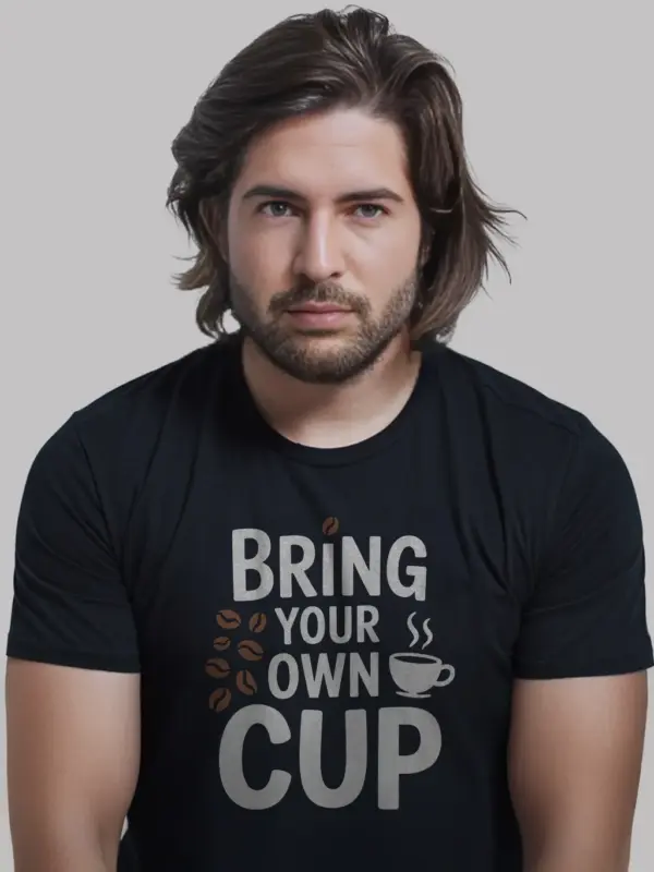 black bring your own cup t-shirt for coffee drinkers