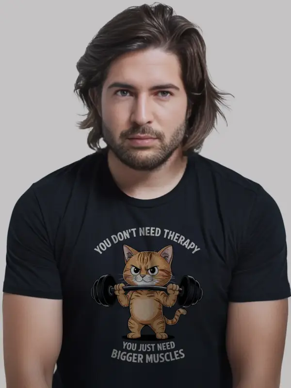 black tee, funny cat gym t-shirt quote visible
