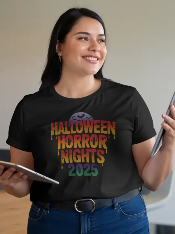 Casual scene in black shirt — halloween horror nights t-shirt for 2025 parties
