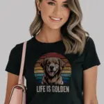 Black Shirt Front Life Is Golden Shirt with Retro Golden Retriever Art