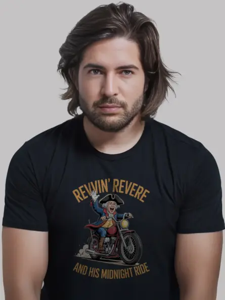 Bold Patriotic Motorcycle T-Shirt – Funny Revere Ride Graphic - Image 3