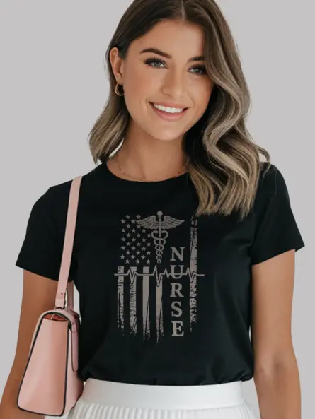 Patriotic Nurse Flag T-Shirt with Caduceus and Heartbeat Design - Image 9