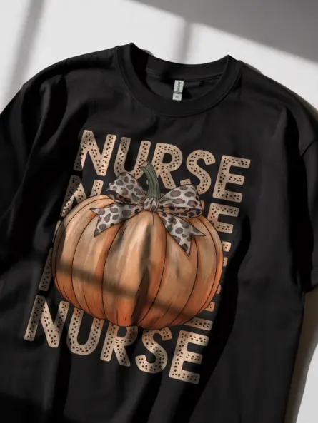 Pumpkin Nurse Shirt – Trendy Fall Tee with Leopard Bow Design - Image 2