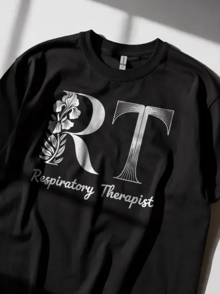 Black respiratory therapist t-shirt front view – elegant RT shirt