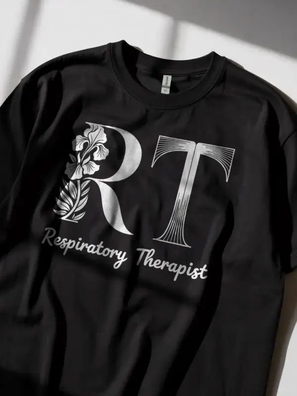 Black respiratory therapist t-shirt front view – elegant RT shirt