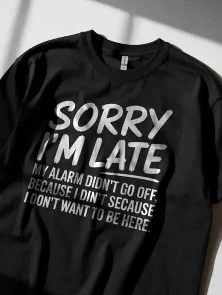 Black lifestyle shot – Sorry I’m Late quote – sarcastic sleeping t-shirt for guys