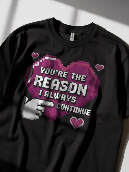 Pixel Art Gamer Couple T-Shirt – “You're The Reason” Retro 8-Bit Heart Tee - Image 2
