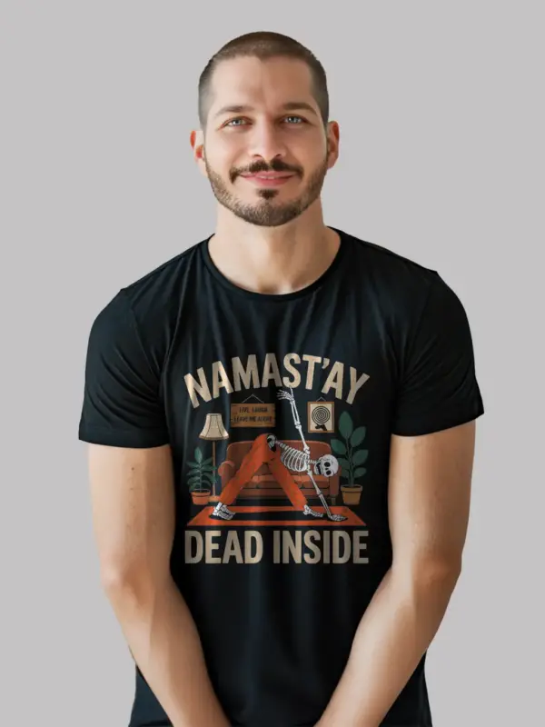Black Namastay Dead Inside T-Shirt – Retro Living Room Skeleton Yoga Tee