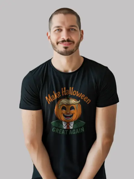 Lifestyle photo wearing black tee – make Halloween great again shirt parody