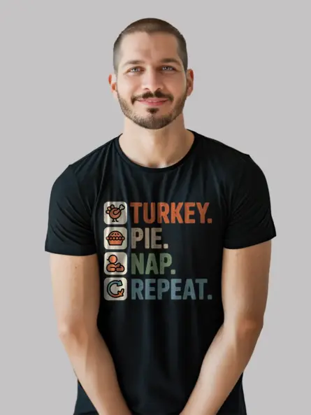 Turkey Pie Nap Repeat Shirt – Funny Minimalist Thanksgiving Tee - Image 3