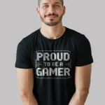 Black shirt front view – Proud to Be a Gamer retro gamer shirt pixel style