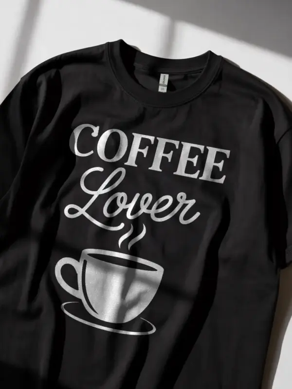 Black affordable coffee lover tee with Better Coffee! LESS Bucks! design lifestyle shot