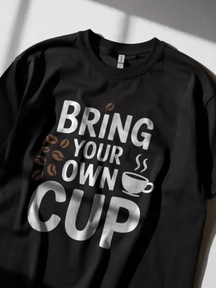 Lifestyle photo of black bring your own cup t-shirt worn casually
