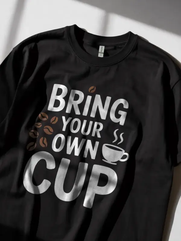 Lifestyle photo of black bring your own cup t-shirt worn casually