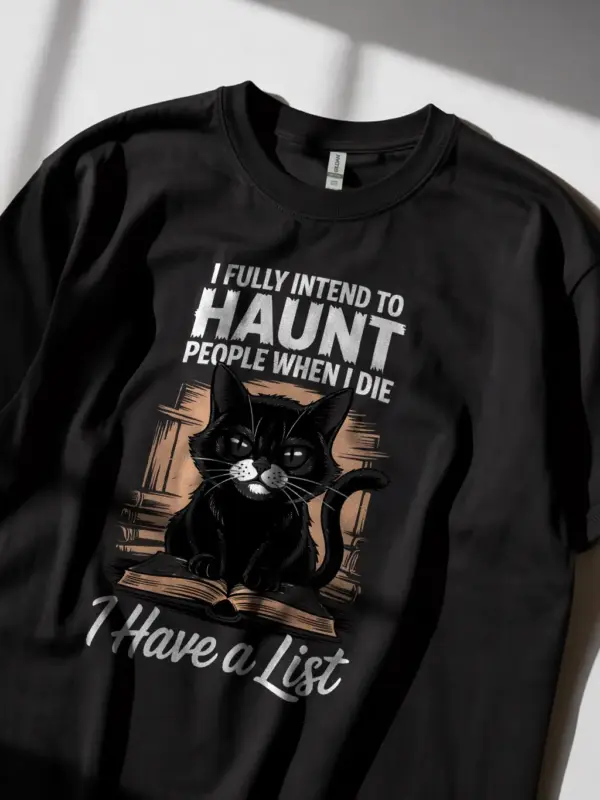 Black Shirt worn by model, funny haunted cat t-shirt, lifestyle view