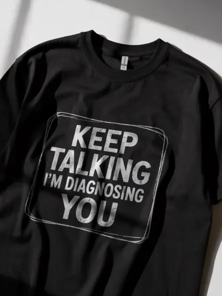 Black Shirt worn by therapist, funny psychologist t-shirt, lifestyle photo