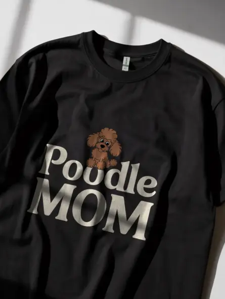 Black lifestyle view poodle mom shirt with cartoon poodle
