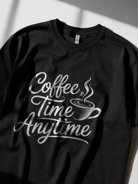 black Lifestyle image of black coffee time anytime shirt for remote workers