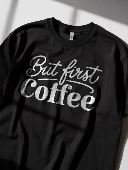 Lifestyle photo of black but first coffee shirt for coffee lovers
