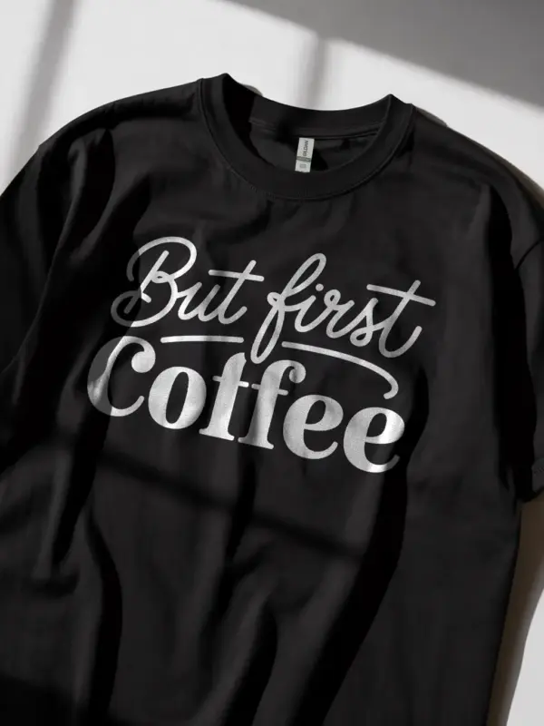 Lifestyle photo of black but first coffee shirt for coffee lovers