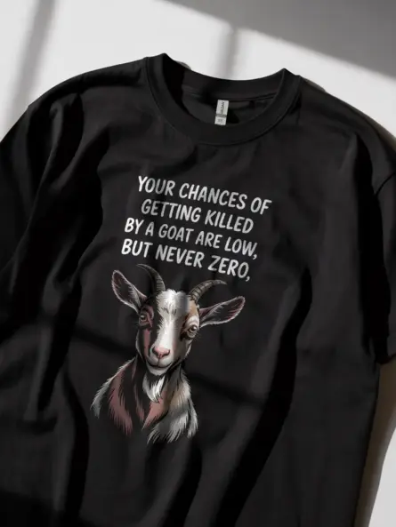 Black lifestyle shot – person wearing funny goat meme t-shirt with sarcastic goat quote